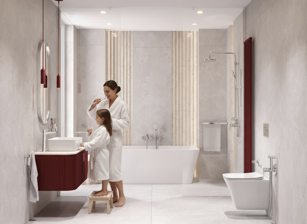 Nowoczesna łazienka z wolnostojącą wanną, prostokątną umywalką nablatową na czerwonej szafce wiszącej, wiszącą miską WC i kabiną prysznicową z deszczownicą. W łazience widoczne są chromowane baterie Ferro Nostris, czerwony grzejnik łazienkowy i lustro w owalnej ramie.
Matka i córka w białych szlafrokach szczotkują zęby przy umywalce.